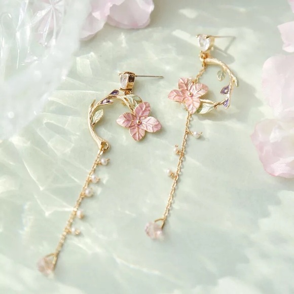Floral drop earrings dangle gold stud heart bead stone womens pink green - Picture 5 of 5
